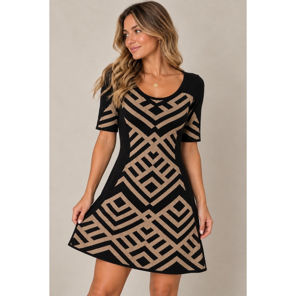 Gabby Skye Dress M Black Tan Geometric Short Sleeve Fit & Flare Knit